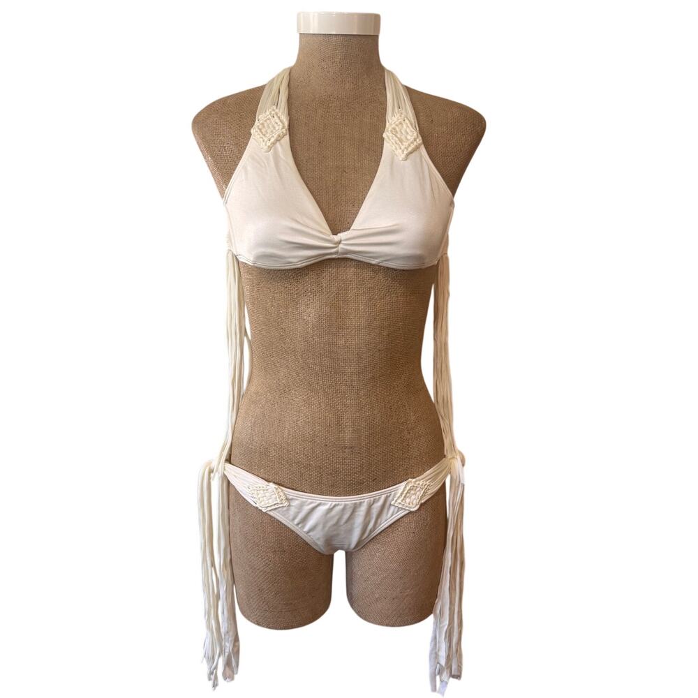 Victoria Secret Cream Ivory Swim Bathing Suit Braided Macrame Small Fringe Boho